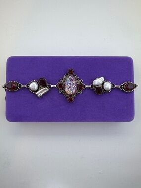 💛 Vintage 925 Artisan Pink Druzy, Garnet & Pearl Bracelet